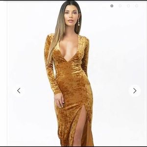 Gold crushed velvet dress w/ drop V neck